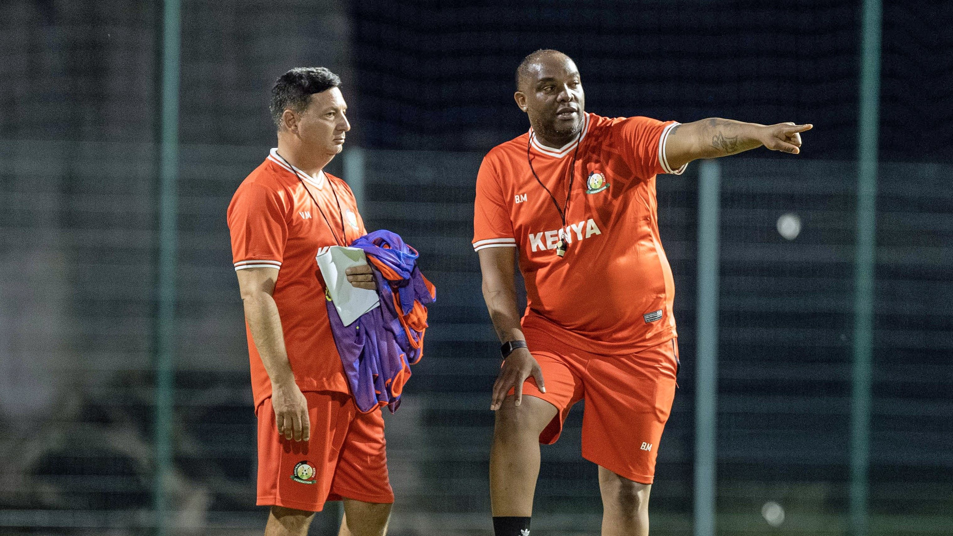 Harambee Stars coach Benni McCarthy and his assistant Vasili Manousakis