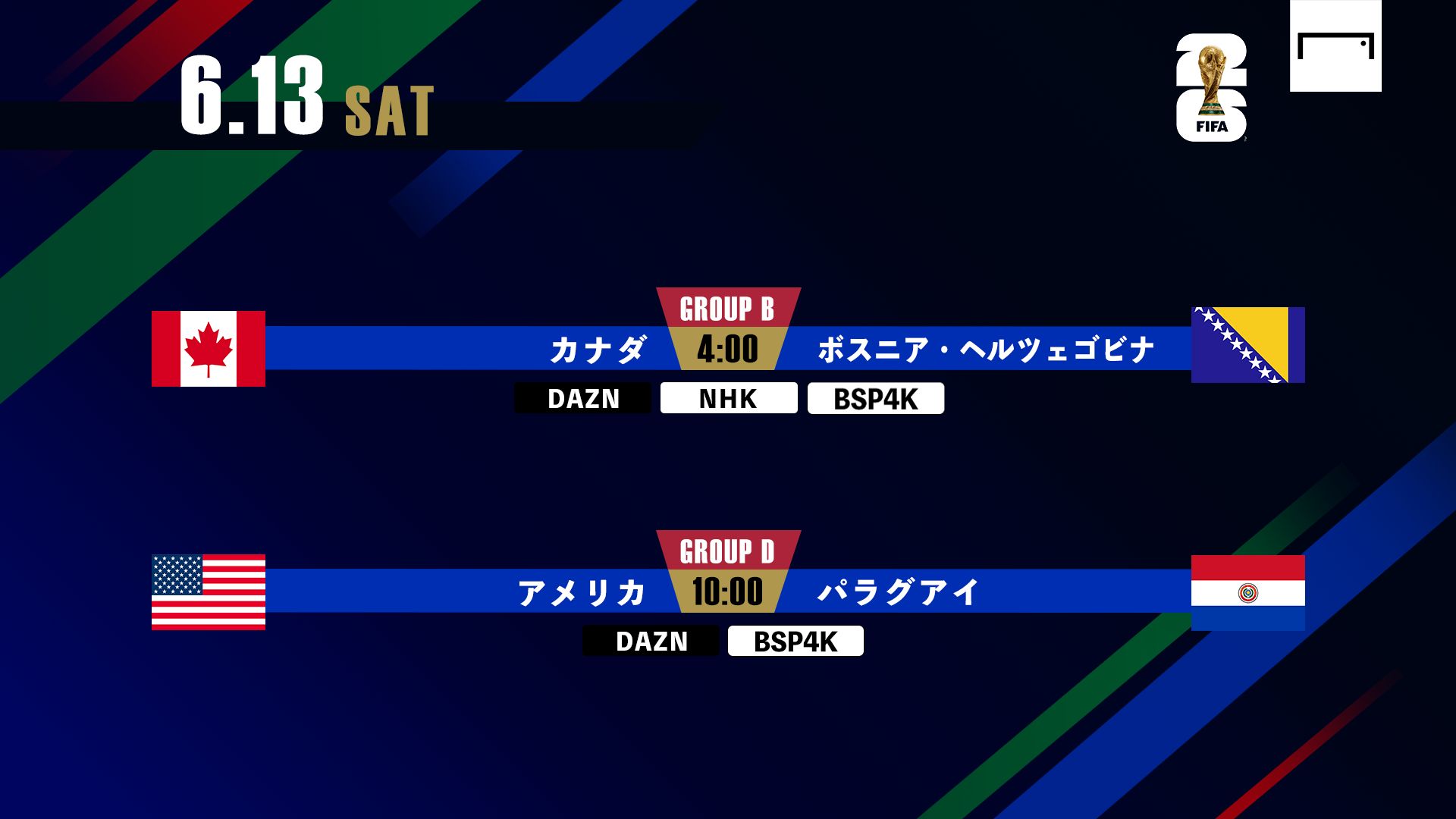 6月13日(土)B・カナダvsボスニア・アメリカvsパラグアイ