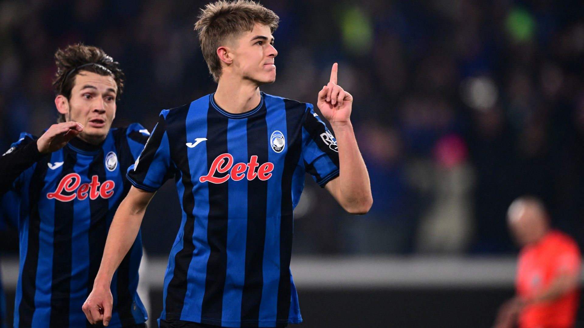  Atalanta's Belgian midfielder #17 Charles De Ketelaere celebrates after scoring  