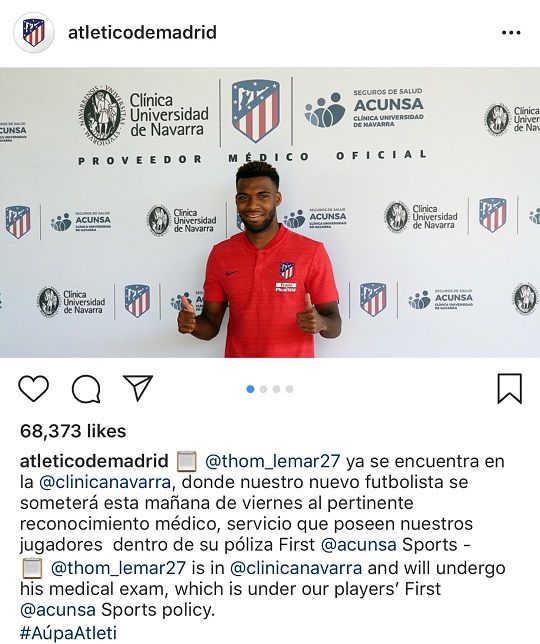 아틀레티코 마드리드 메디컬 테스트를 마친 토마스 르마. 사진=아틀레티코 마드리드 공식 인스타그램