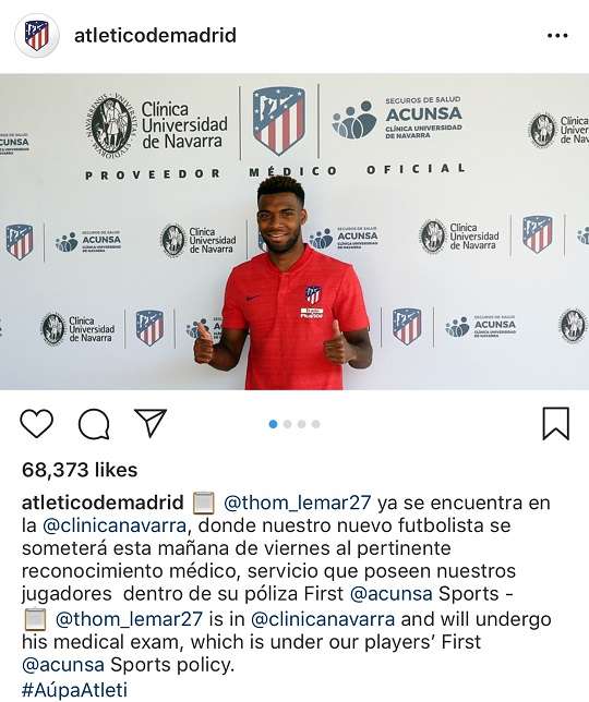 아틀레티코 마드리드 메디컬 테스트를 마친 토마스 르마. 사진=아틀레티코 마드리드 공식 인스타그램