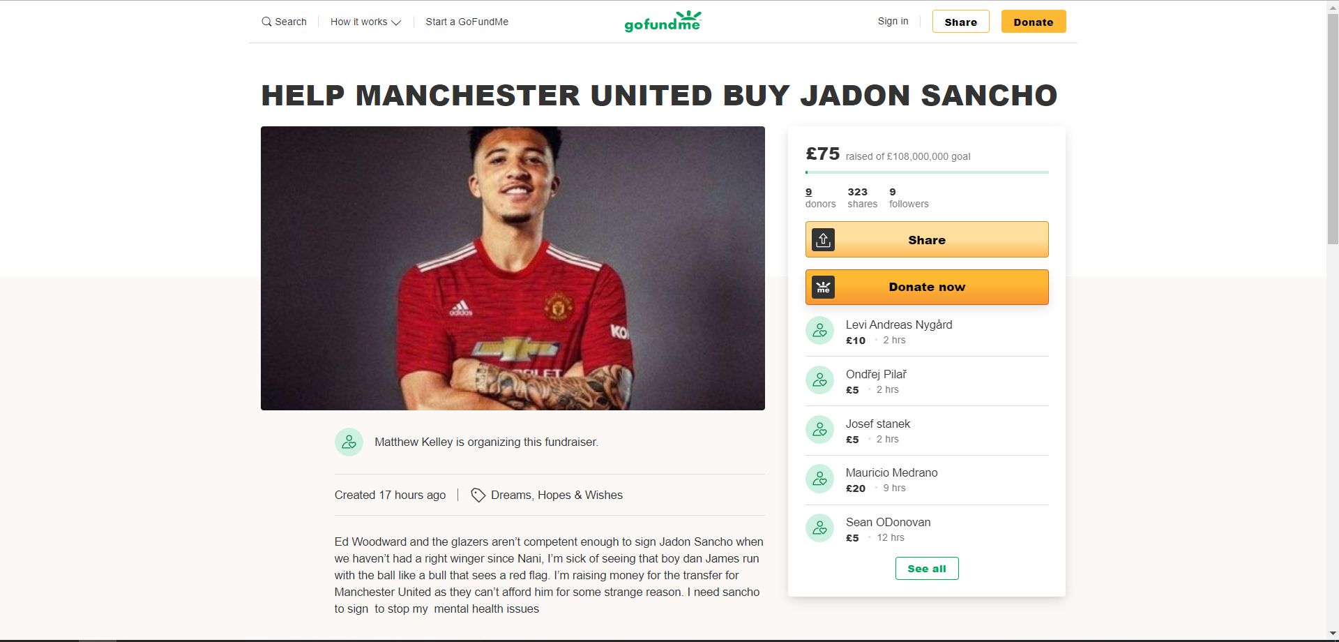 Man Utd fan GoFundme Sancho
