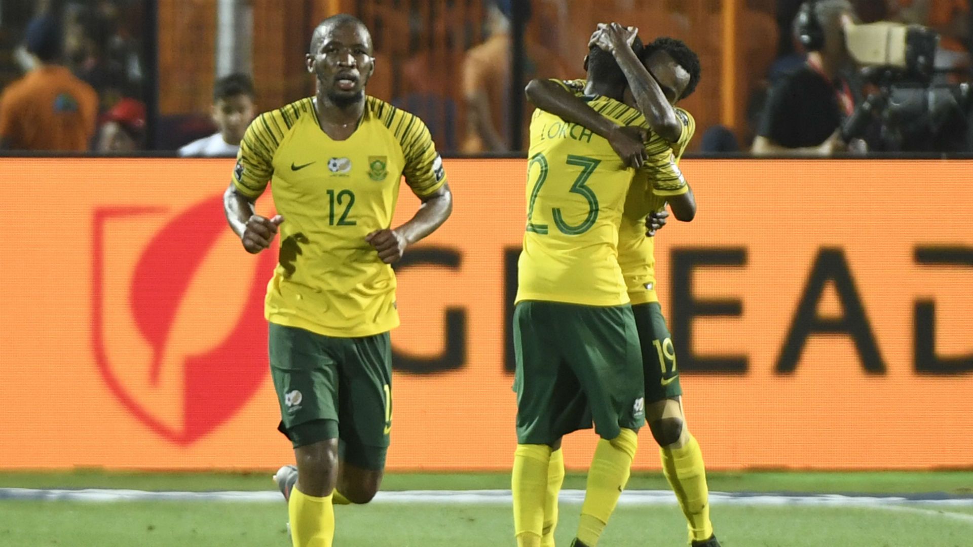 Egypt v South Africa Kamohelo Mokotjo, Percy Tau and Thembinkosi Lorch - July 2019