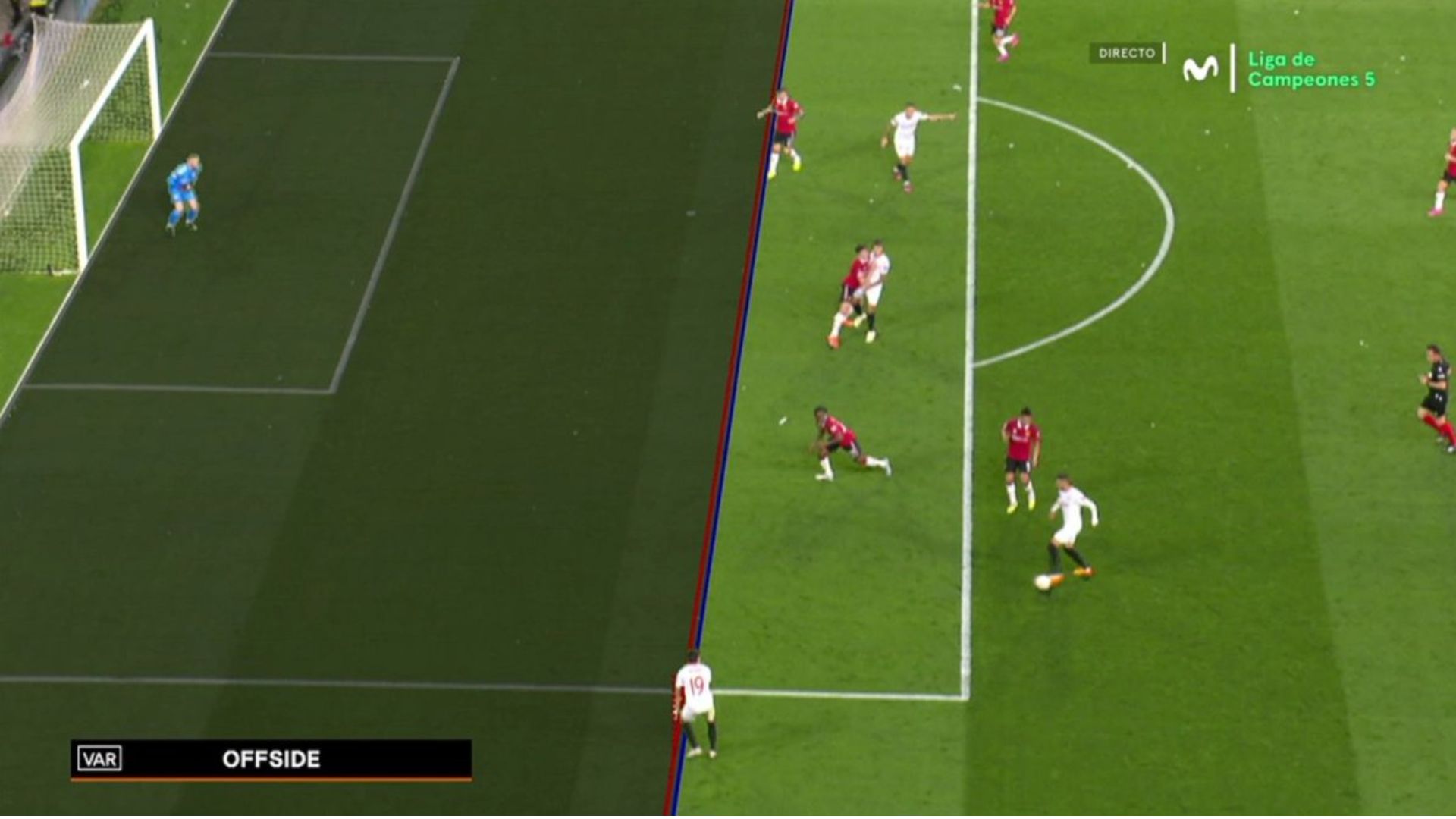 Imagen del fuera de juego de Acuña durante el Sevilla vs. Manchester United