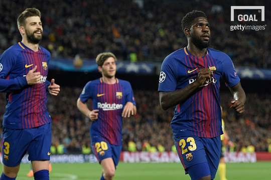 5일 (한국시간) AS로마와의 2017/2018시즌 챔피언스리그 8강 1차전에서 세리머니 중인 바르셀로나 수비수 움티티. 사진=게티이미지