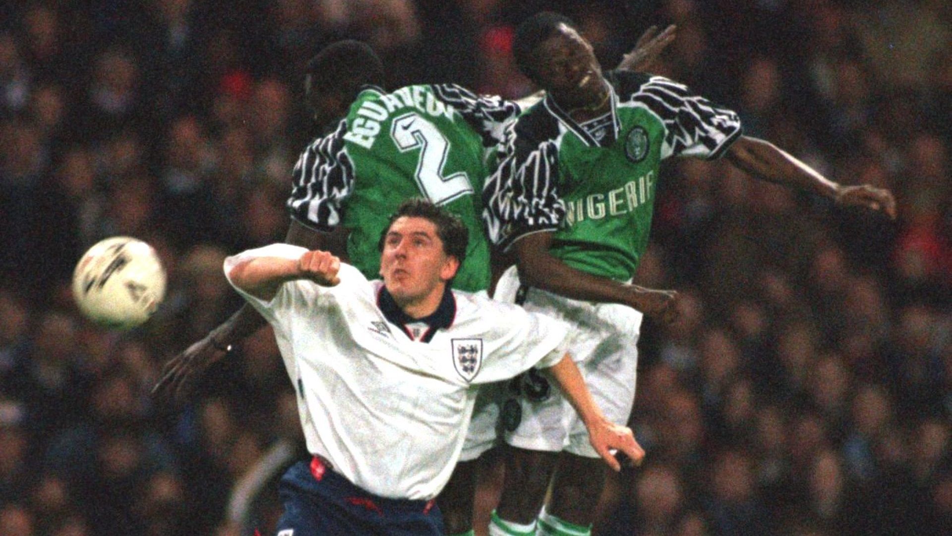 Peter Beardsley of England, MUTIU ADEPOJU AND AUSTIN EGUAVEON OF NIGERIA