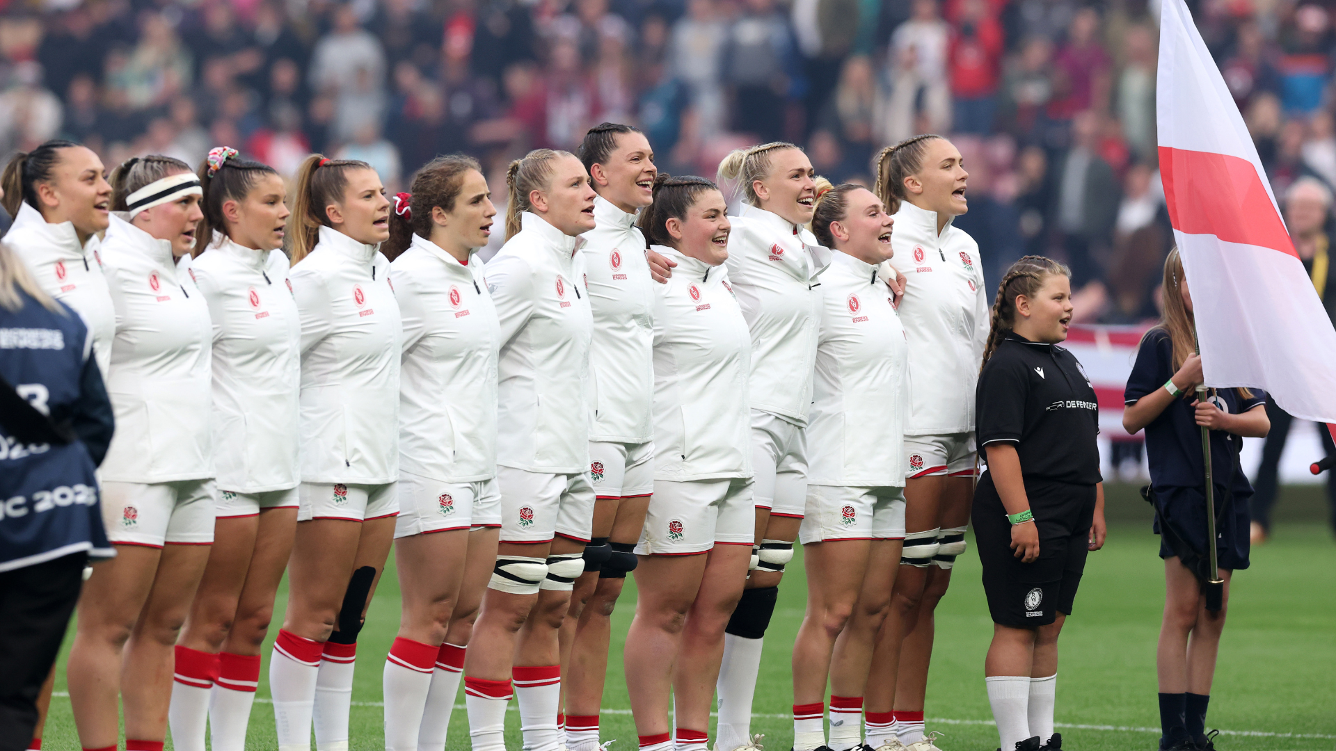 layers of England sing their national anthem prior to the Women's Rugby World Cup 2025