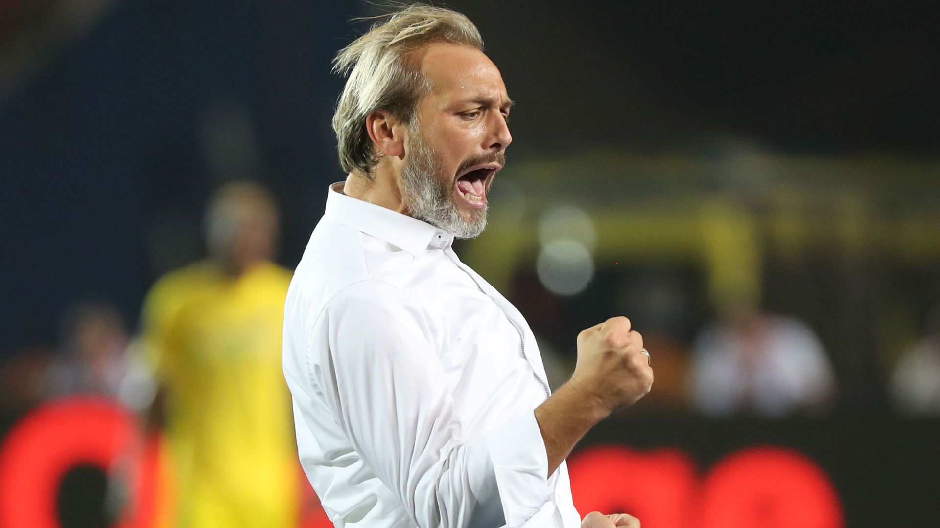 Sebastien Desabre head coach of Uganda celebrates.