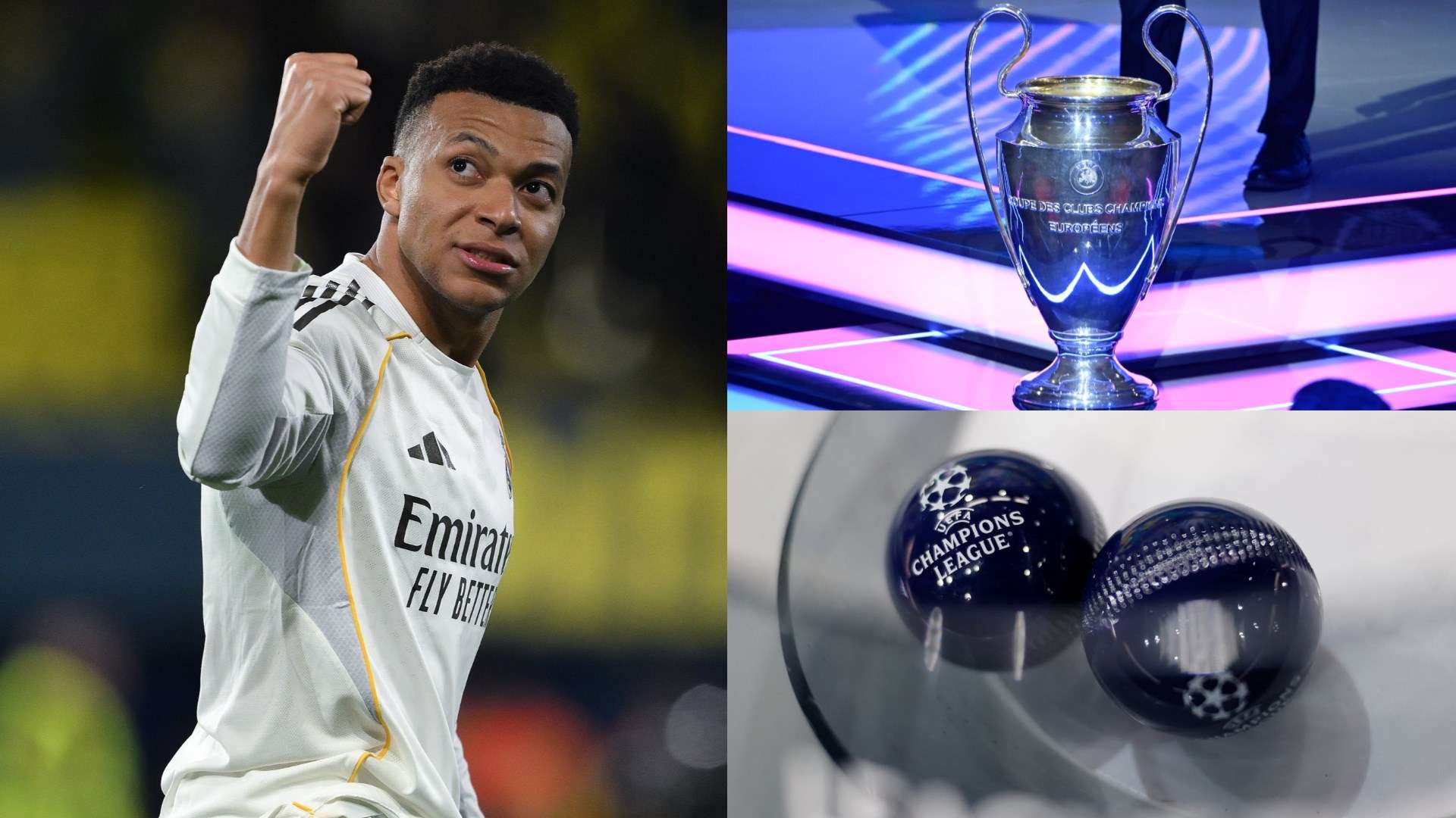Kylian Mbappe Real Madrid Champions League trophy Champions League draw balls