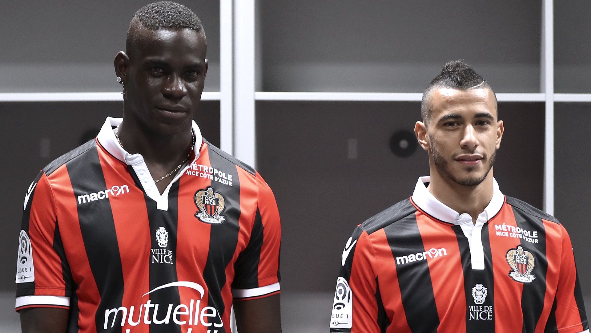 Mario Balotelli and Younes Belhanda of OGC Nice