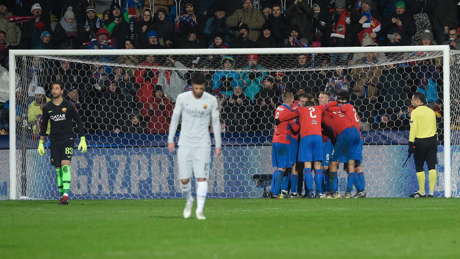 Viktoria Plzen celebrating Roma Champions League