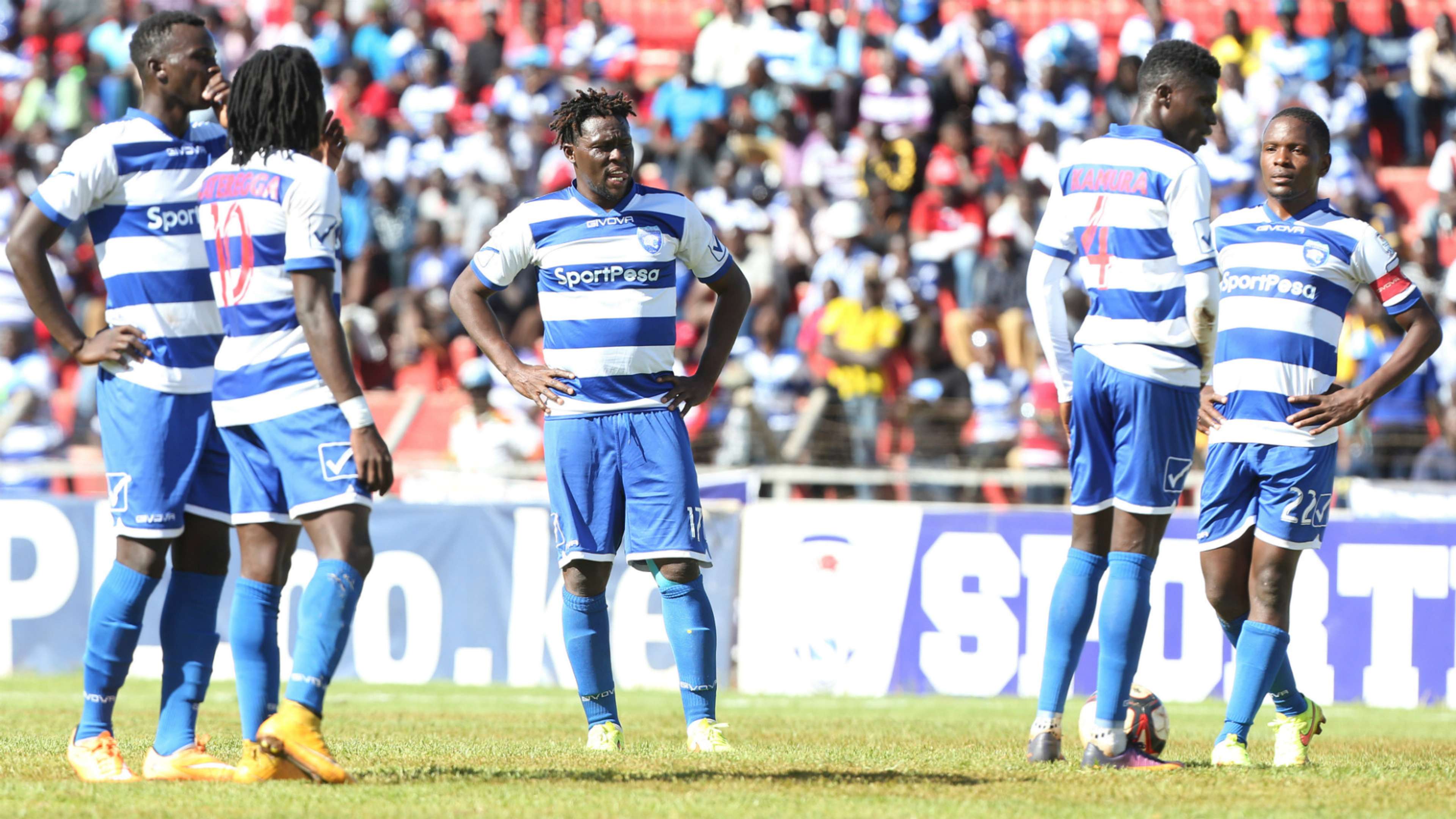 AFC Leopards players look dejected after conceding against Gor Mahia