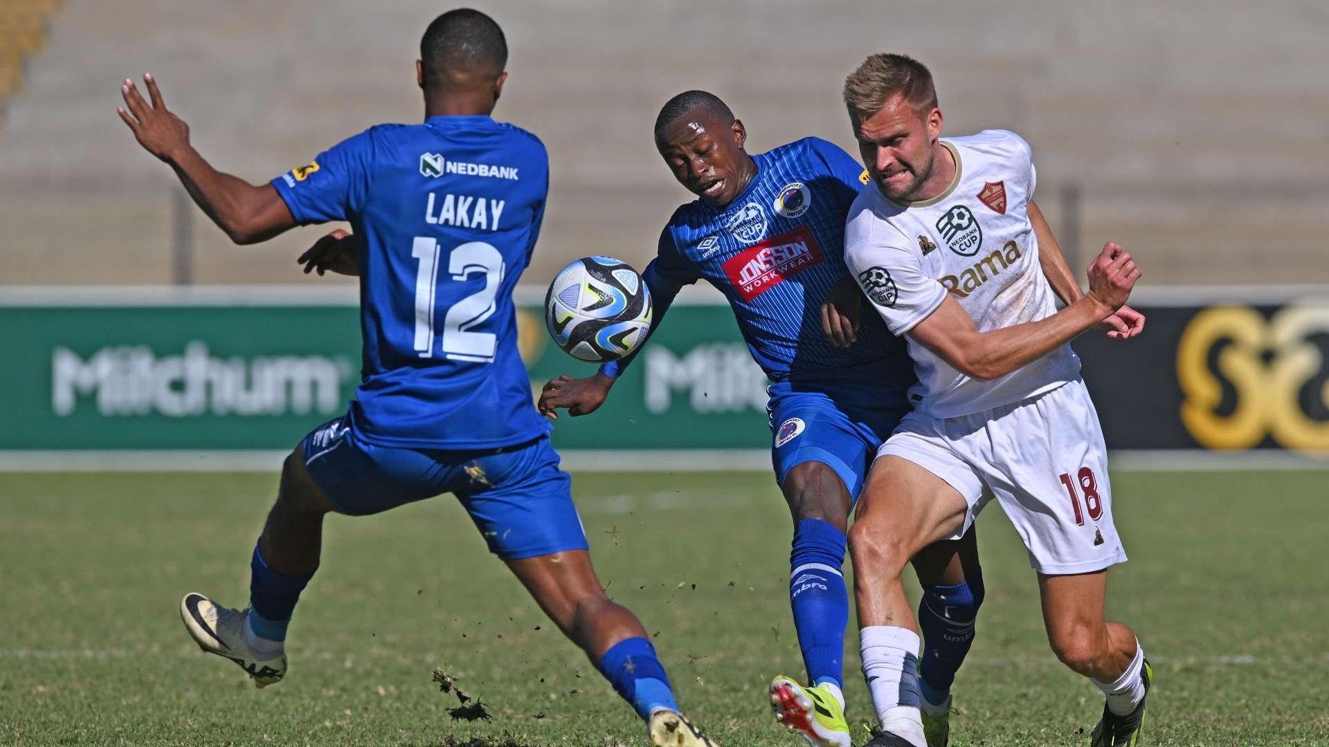 Andre de Jong of Stellenbosch and Lyle Lakay & Ndlovu of SuperSport United, April 2024.