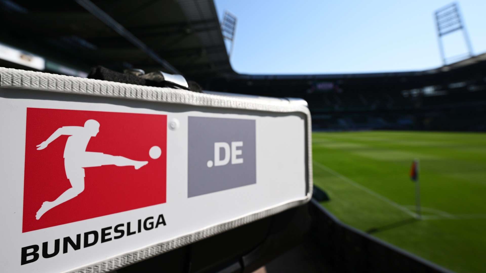 A detailed view of the Bundesliga branding on a TV camera