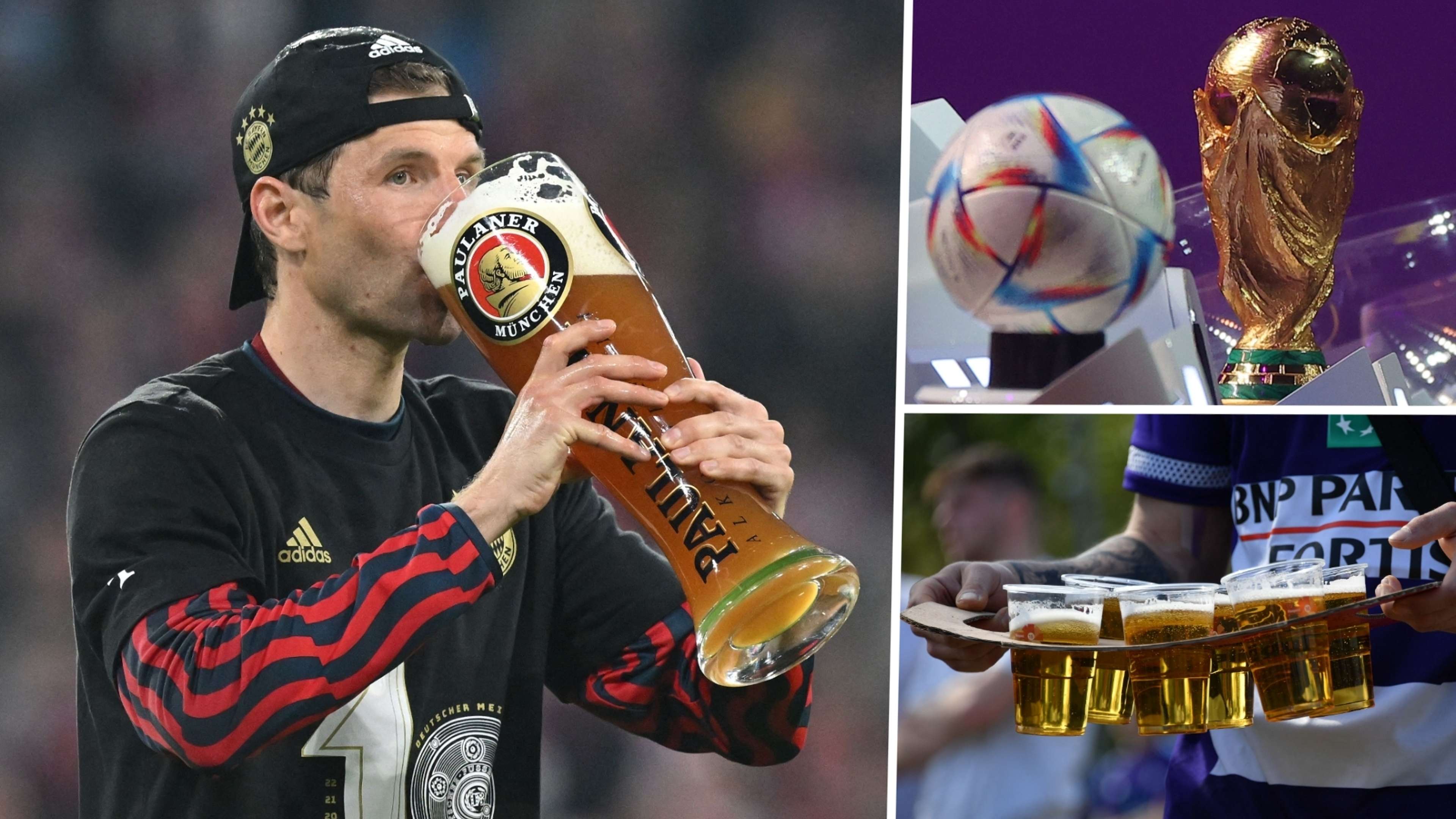 Thomas Muller drinking beer World Cup trophy and a tray of beers