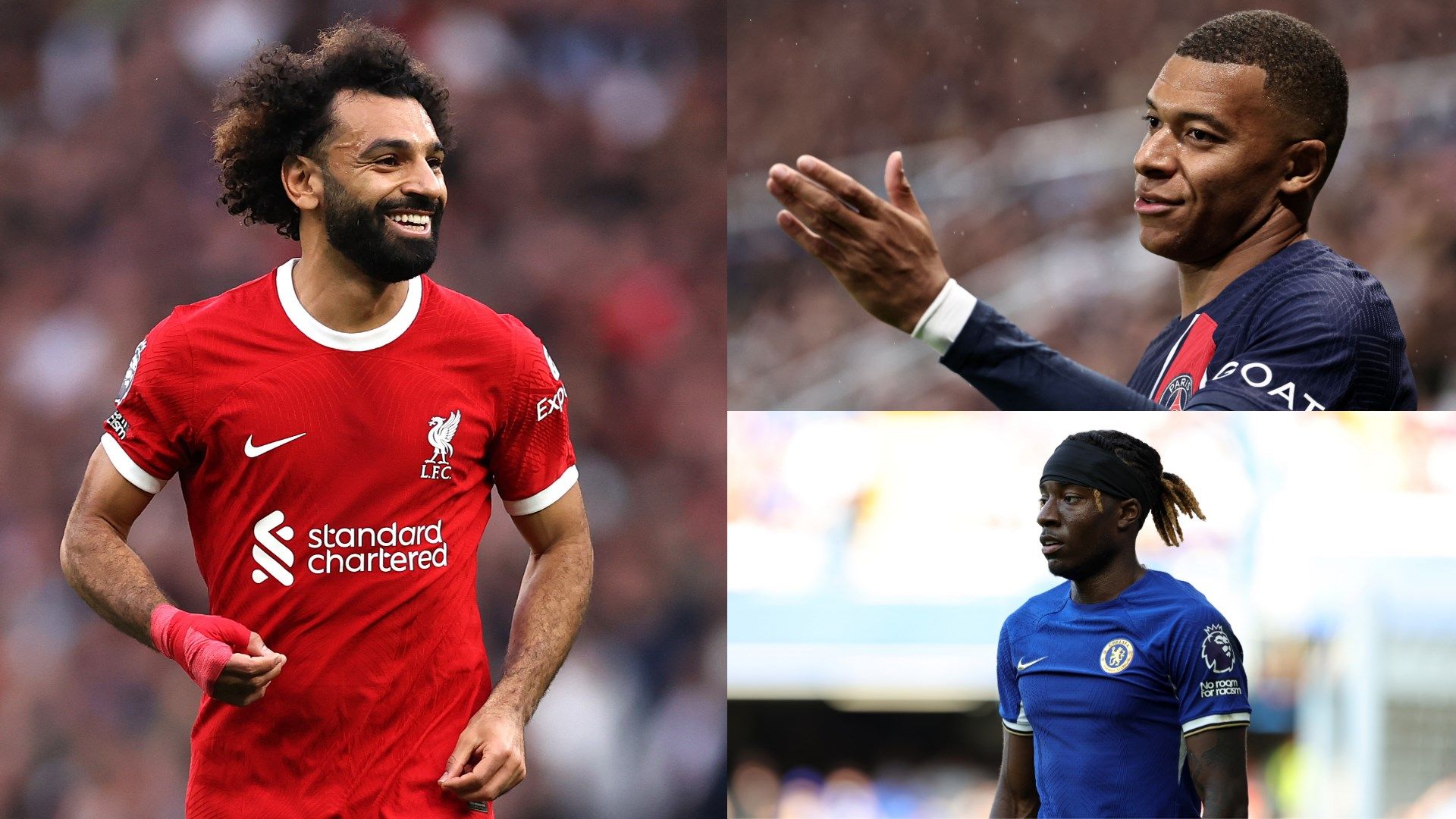 Mohamed Salah, Kylian Mbappe, Noni Madueke GFX