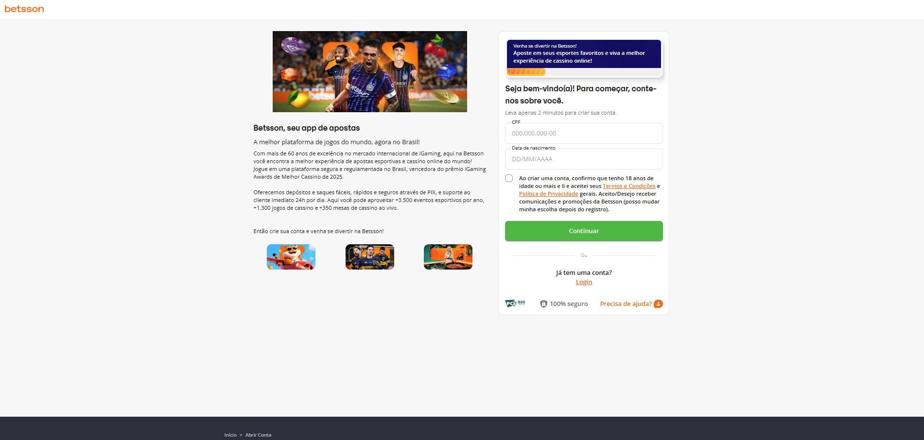 cadastro na Betsson