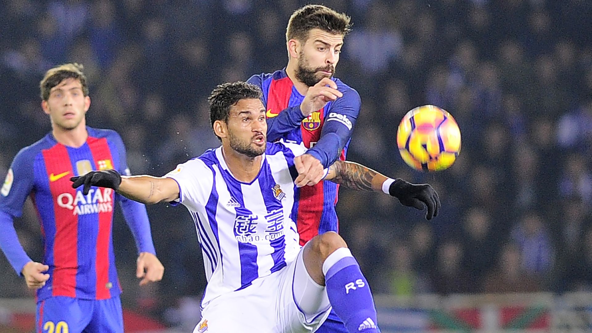 Willian José, Sergi Roberto y Piqué, Real Sociedad-Barcelona