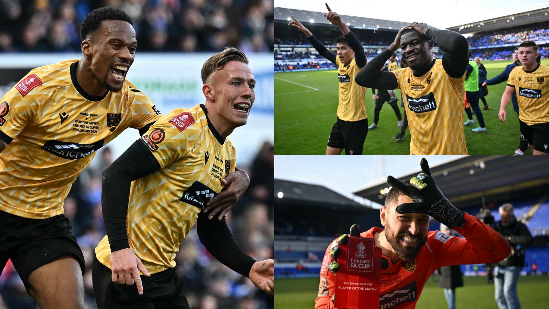 Maidstone United celebrating FA Cup win over Ipswich Town 2023-24