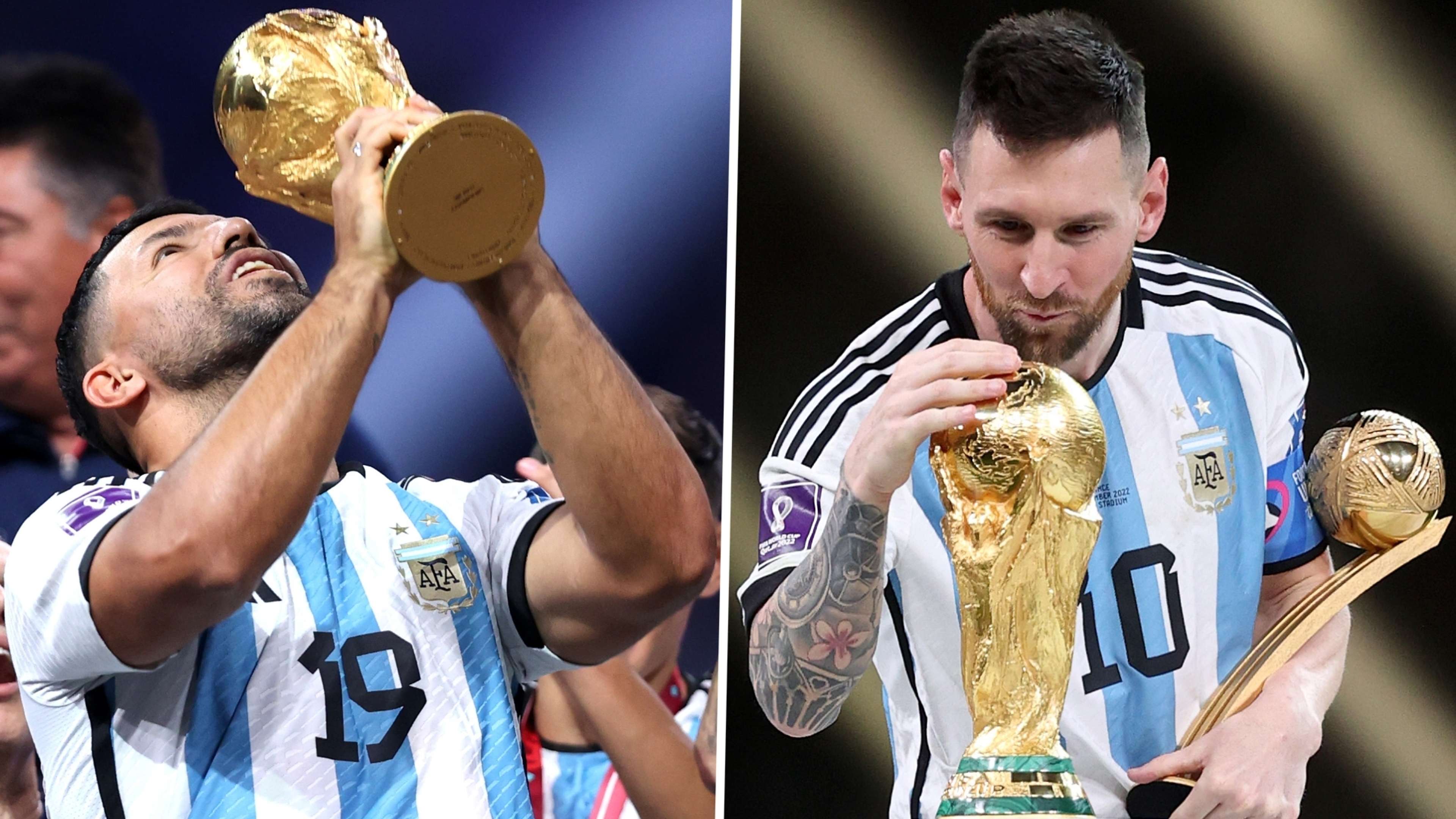 Sergio Aguero Lionel Messi World Cup trophy