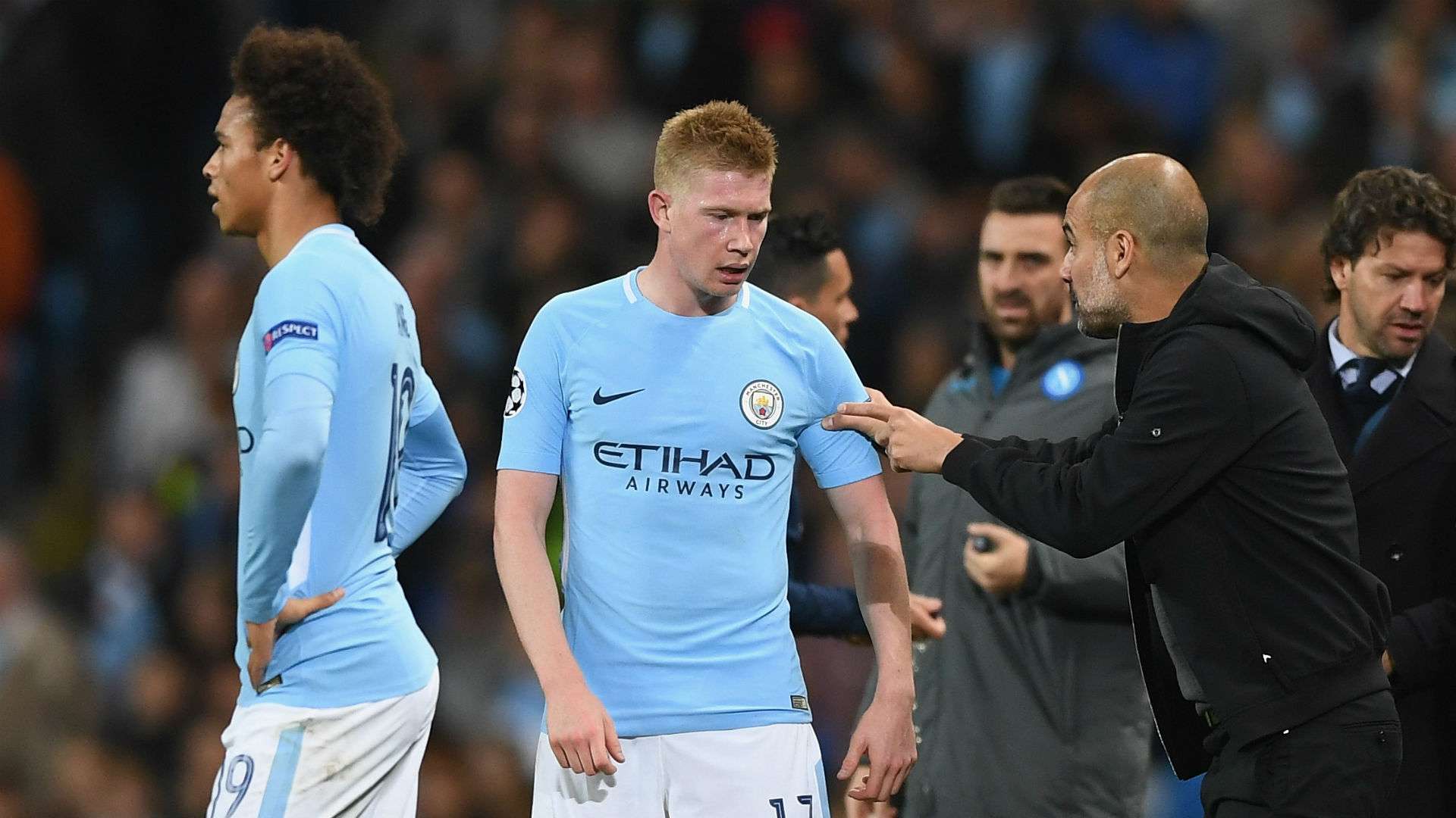 Pep Guardiola Kevin De Bruyne Leroy Sane Manchester City