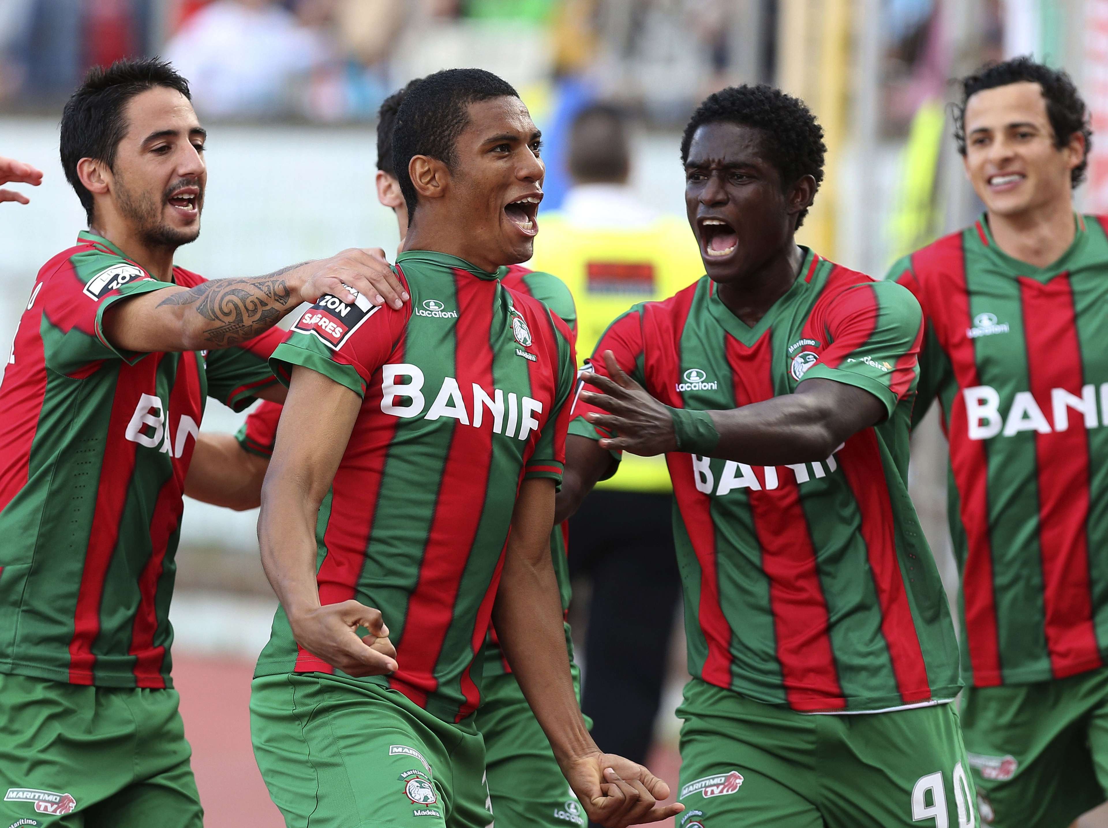 Maritimo striker Derley celebrates