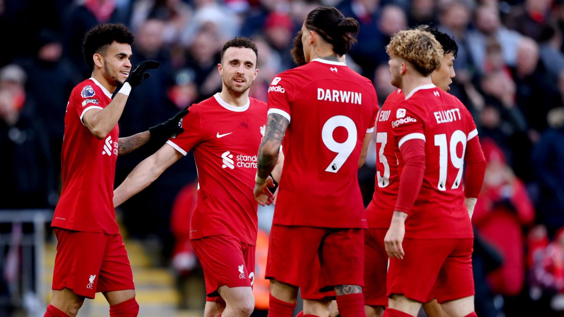 Liverpool celebrating Luis Diaz goal against Burnley 2023-24