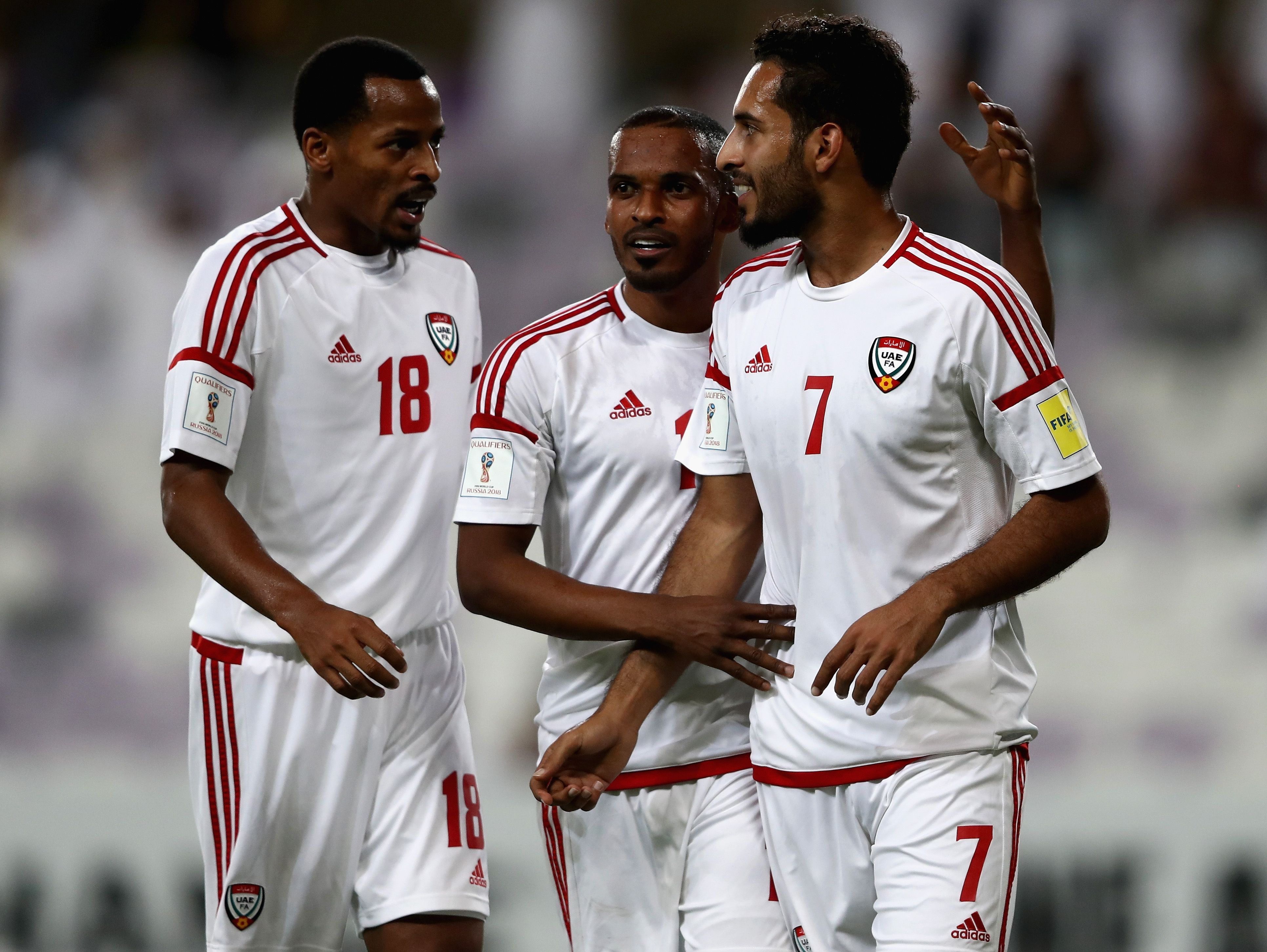 Ahmed Mabkhout and Mahmoud Khamis of the UAE of UAE celebrates the first goal