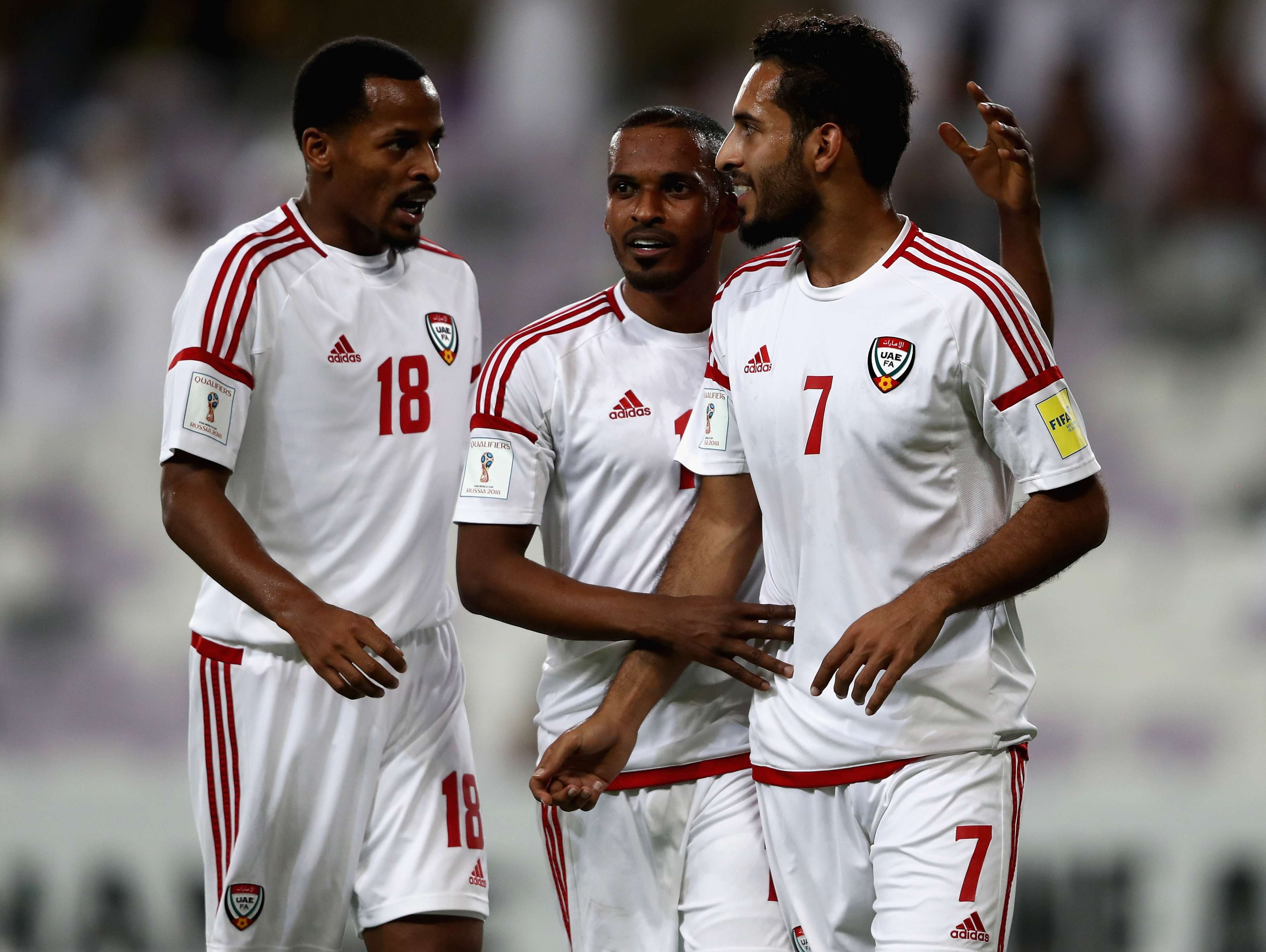 Ahmed Mabkhout and Mahmoud Khamis of the UAE of UAE celebrates the first goal