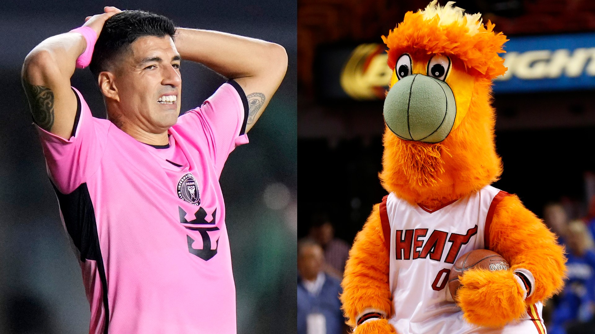 VIDEO: Luis Suarez’s keepy-uppy fail with Miami Heat mascot! Lionel Messi’s MLS team-mate let down by Burnie during visit to NBA game thumbnail