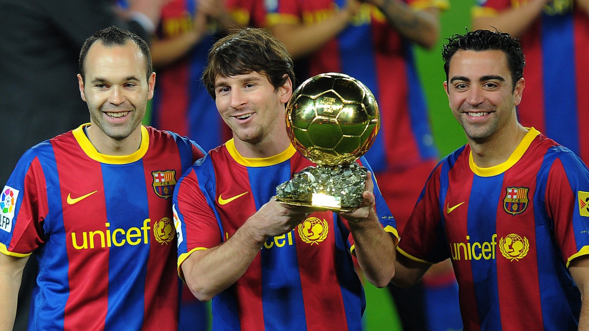 Lionel Messi Andres Iniesta Xavi Barcelona 2010 Ballon d'Or