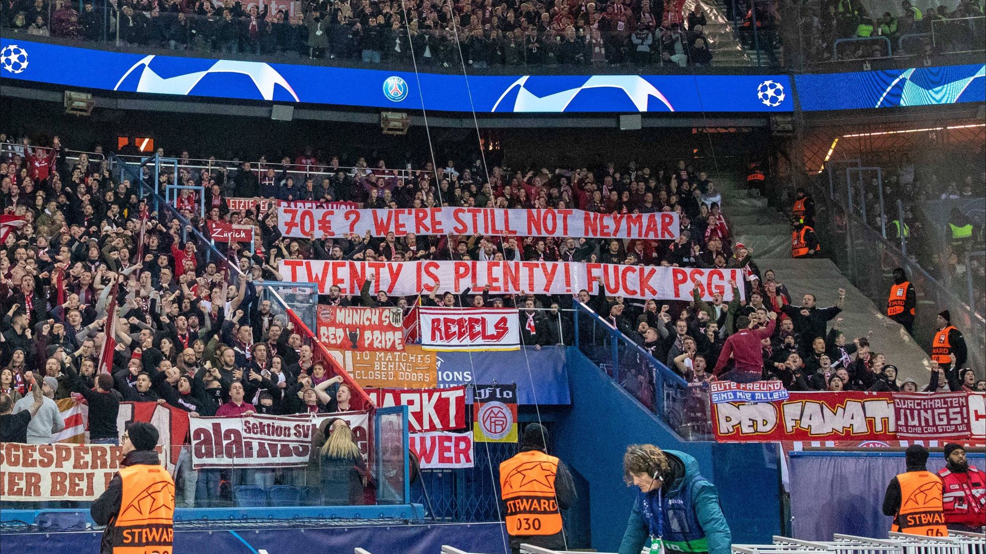 ONLY GERMANY Bayern fans PSG protest Champions League 2023