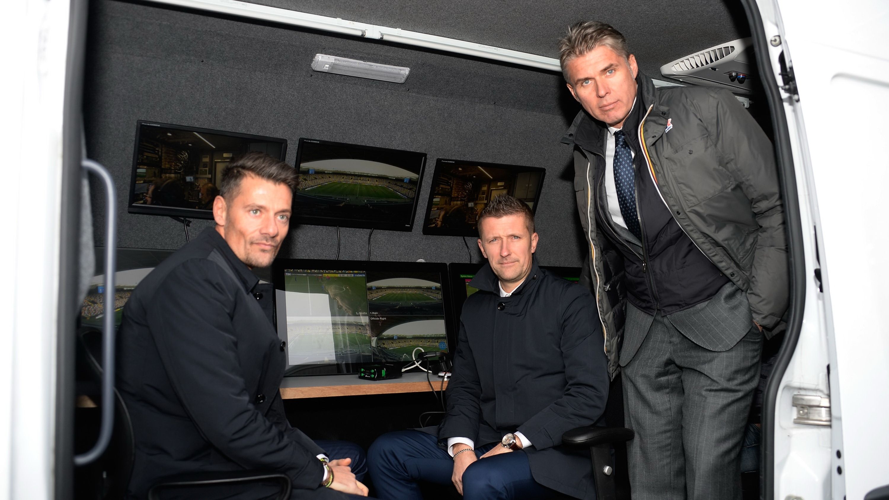 Referees Piero Giacomelli (L) Daniele Orsato (C) and Roberto Rosetti (R) in VAR monitor studio