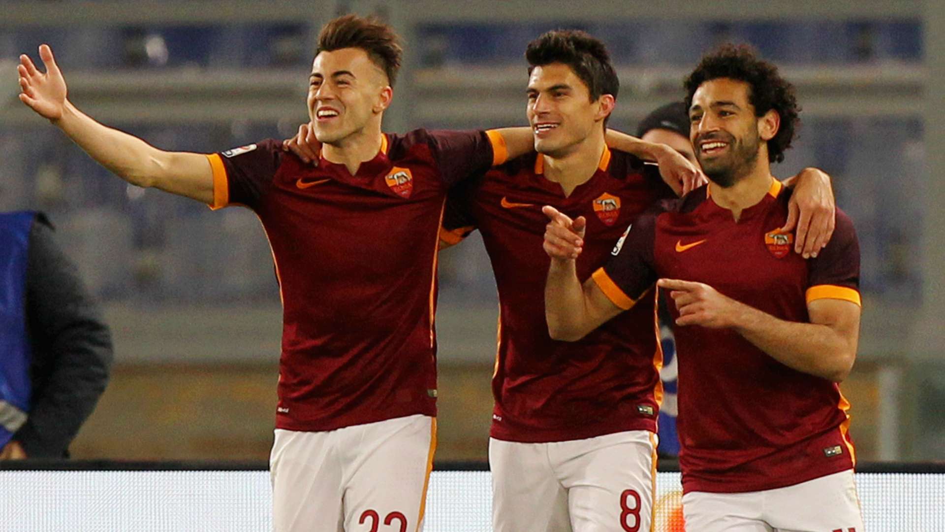 El Shaarawy, Perotti and Salah celebrating Roma Fiorentina Serie A 04032016