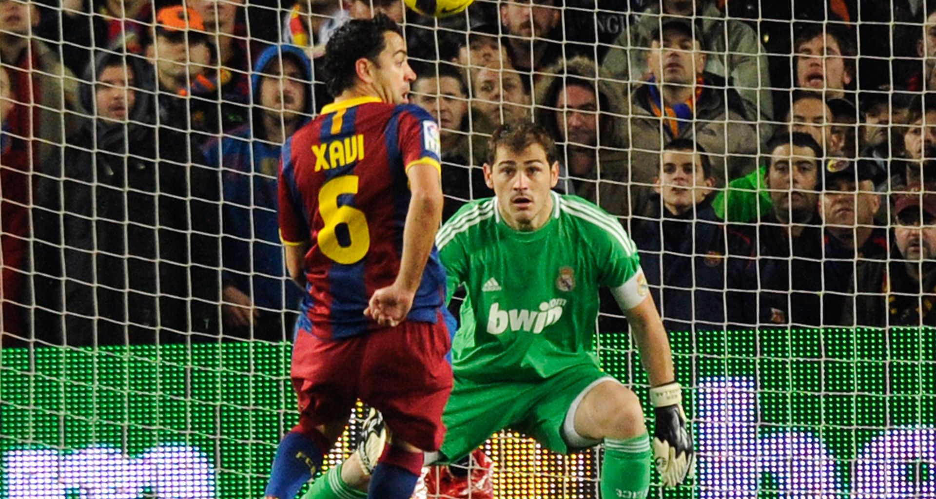 Xavi Hernandez ker Casillas during the Spanish league 'clasico' football match FC Barcelona Real Madrid