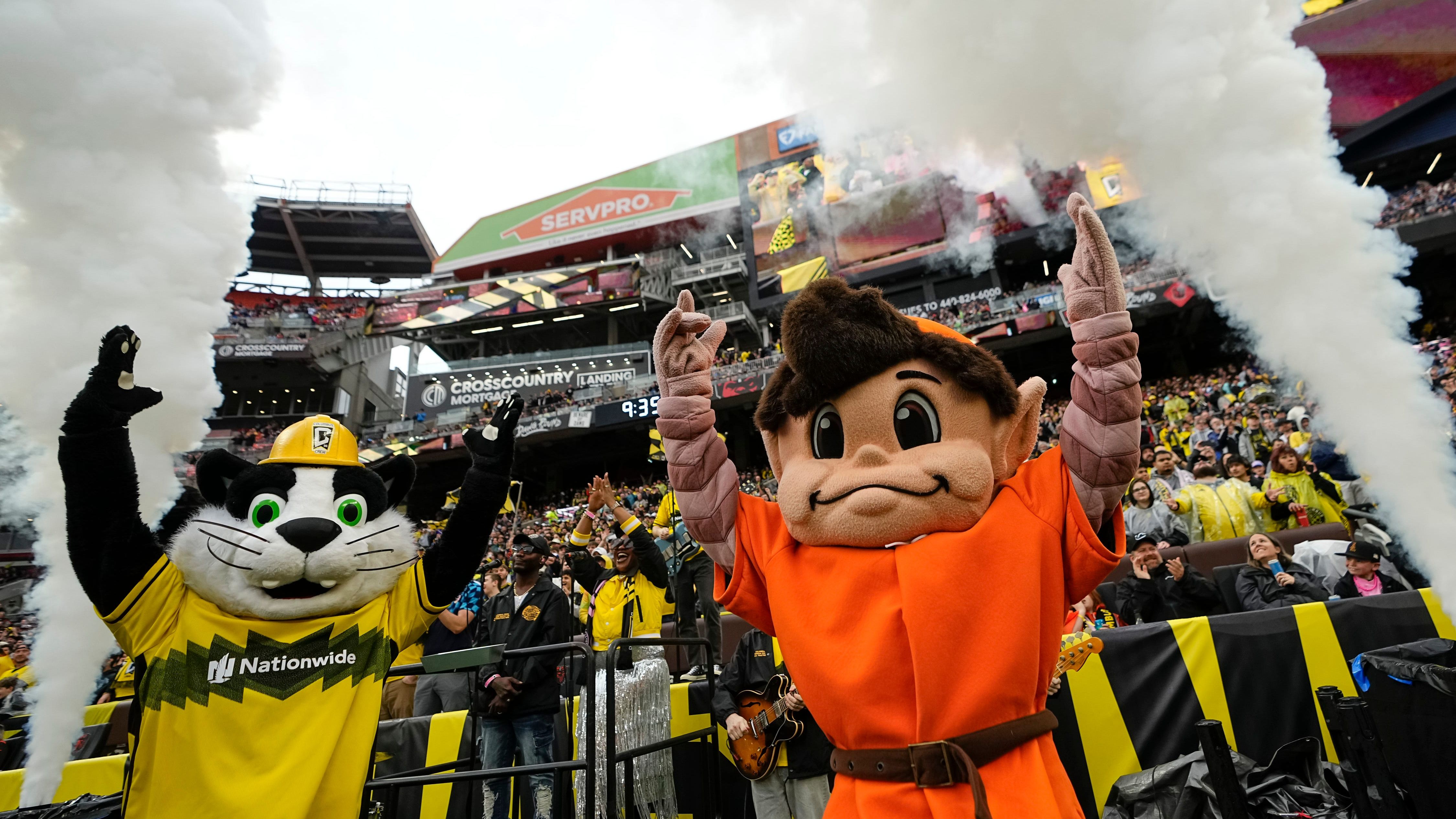 Columbus Crew mascot S.C. and Cleveland Browns mascot Brownie