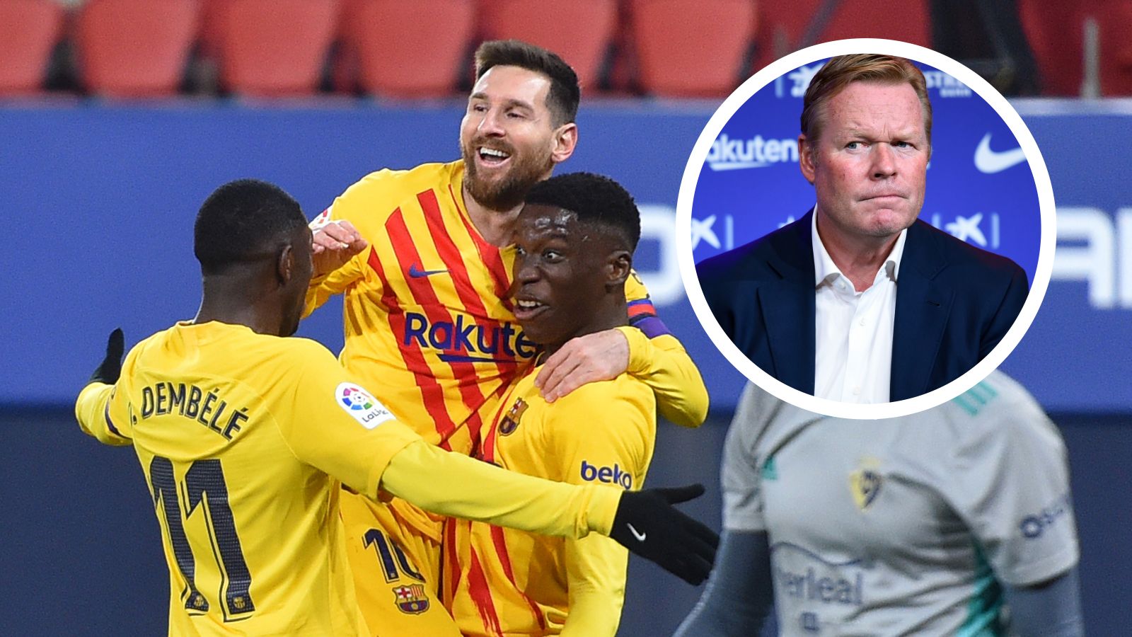 Ilaix Moriba, Lionel Messi, Ronald Koeman GFX