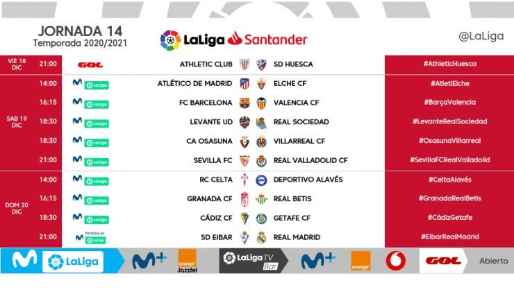 Horarios Jornada 14 Liga