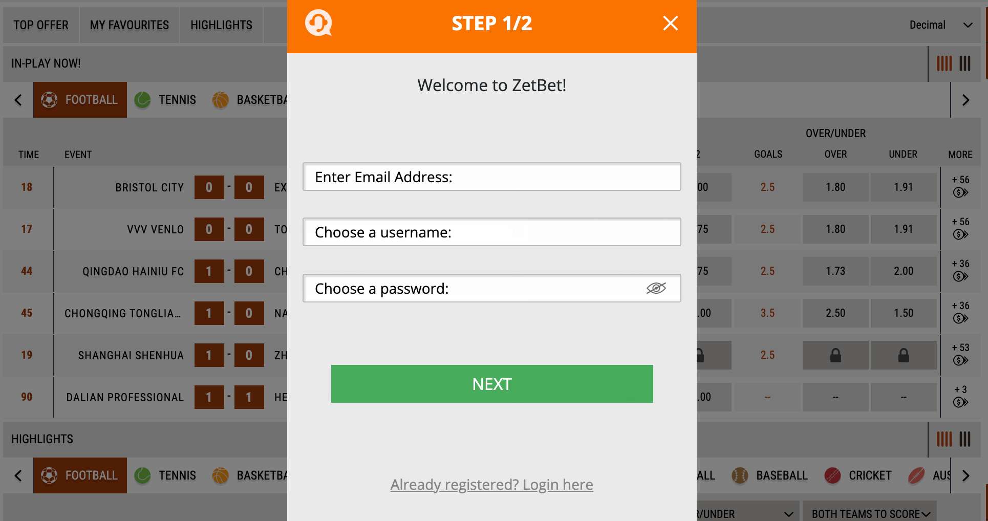 ZetBet Sign Up Page 