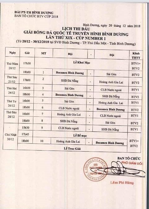 Lịch thi đấu BTV Cup 2018