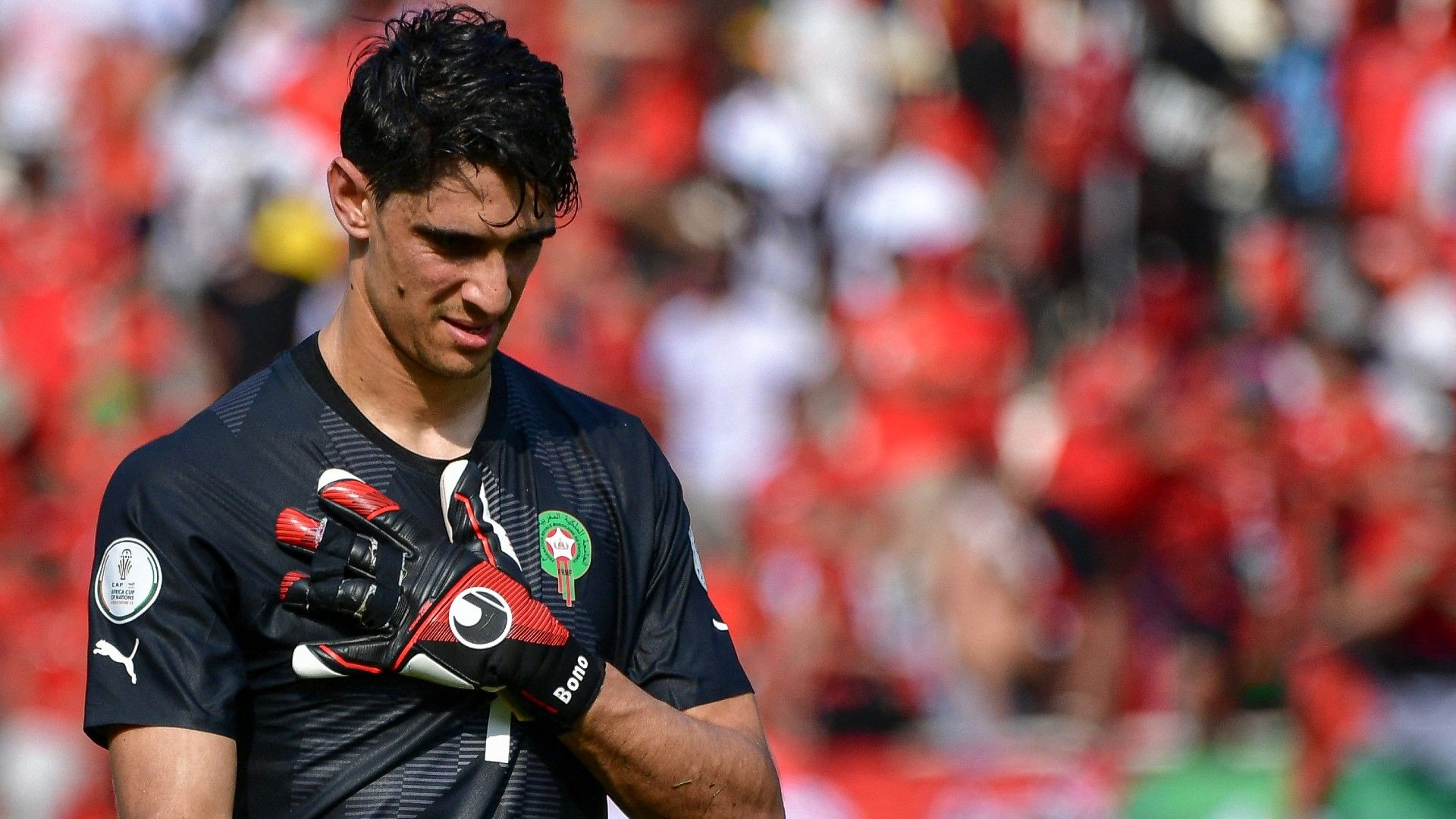 Morocco's goalkeper #1 Yassine Bounou gestures 