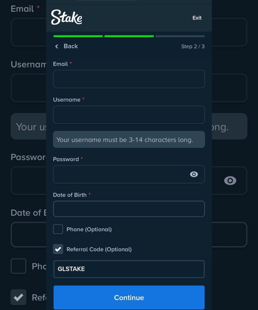 Stake Referral Code Sign Up Form