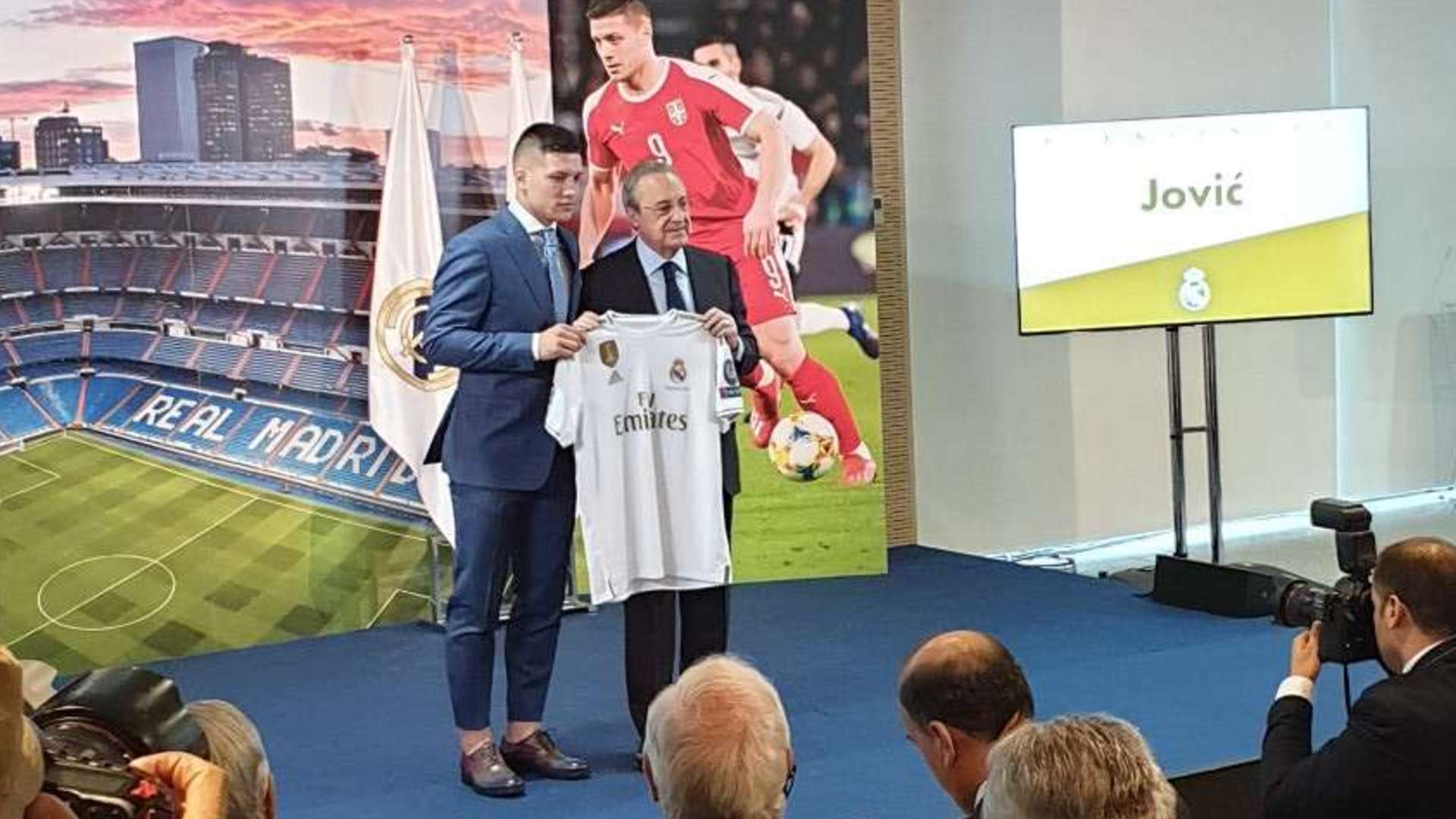 Luka Jovic and Florentino Perez during the official unveiling as Real Madrid player