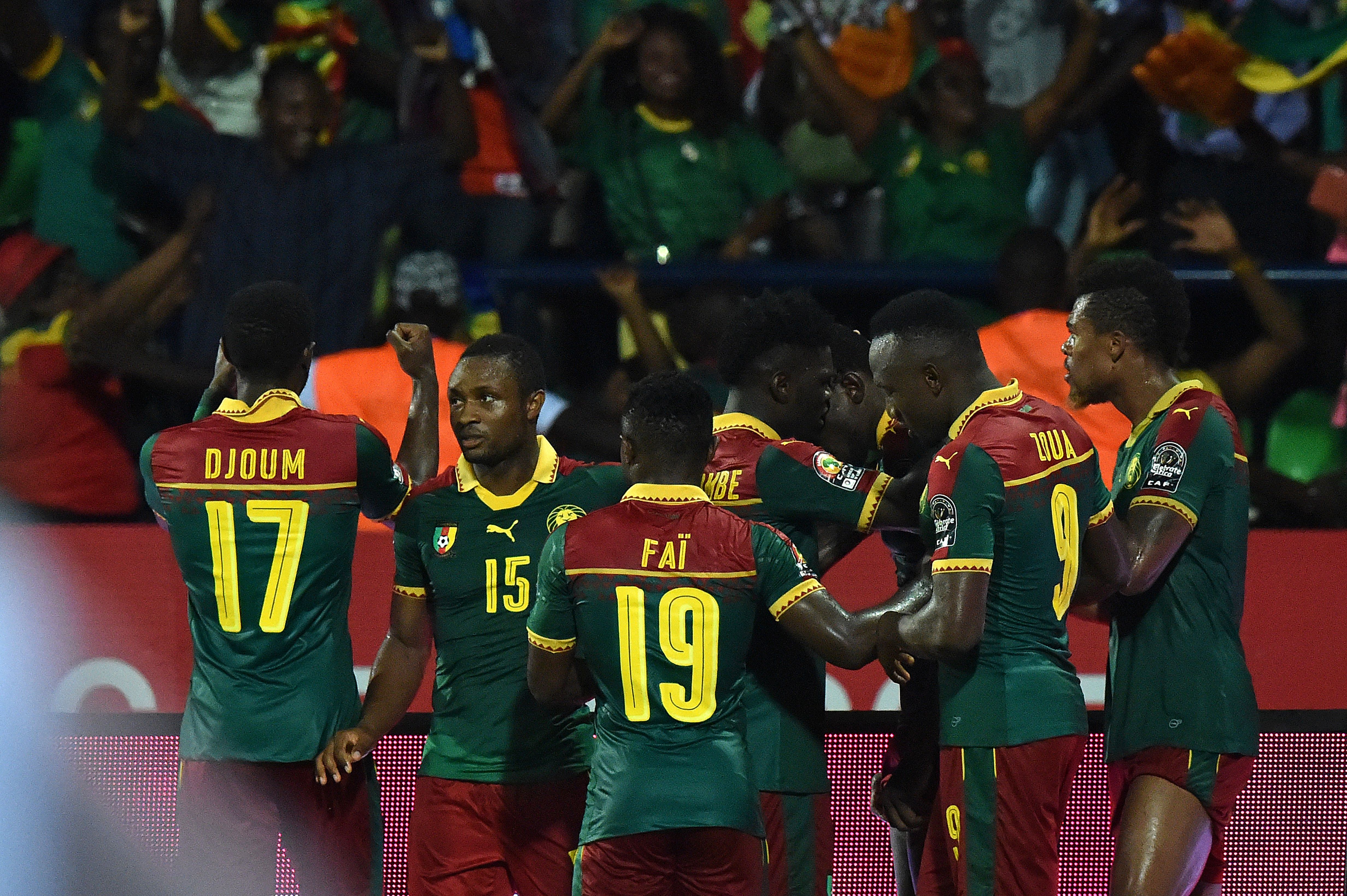 Cameroon's players celebrate after scoring a goal during the 2017 Africa Cup of Nations