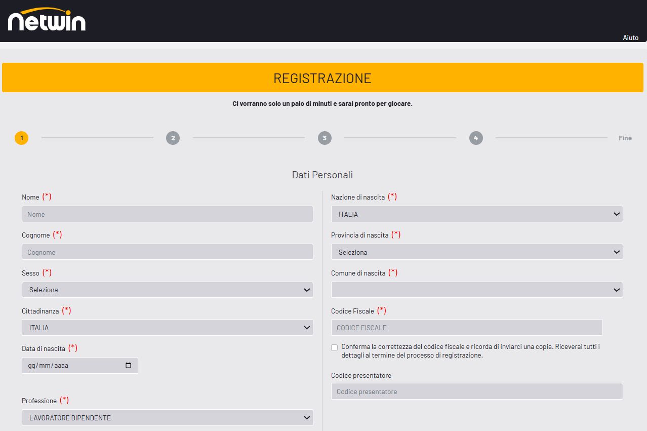 Schermata del processo di login Netwin su dispositivo mobile