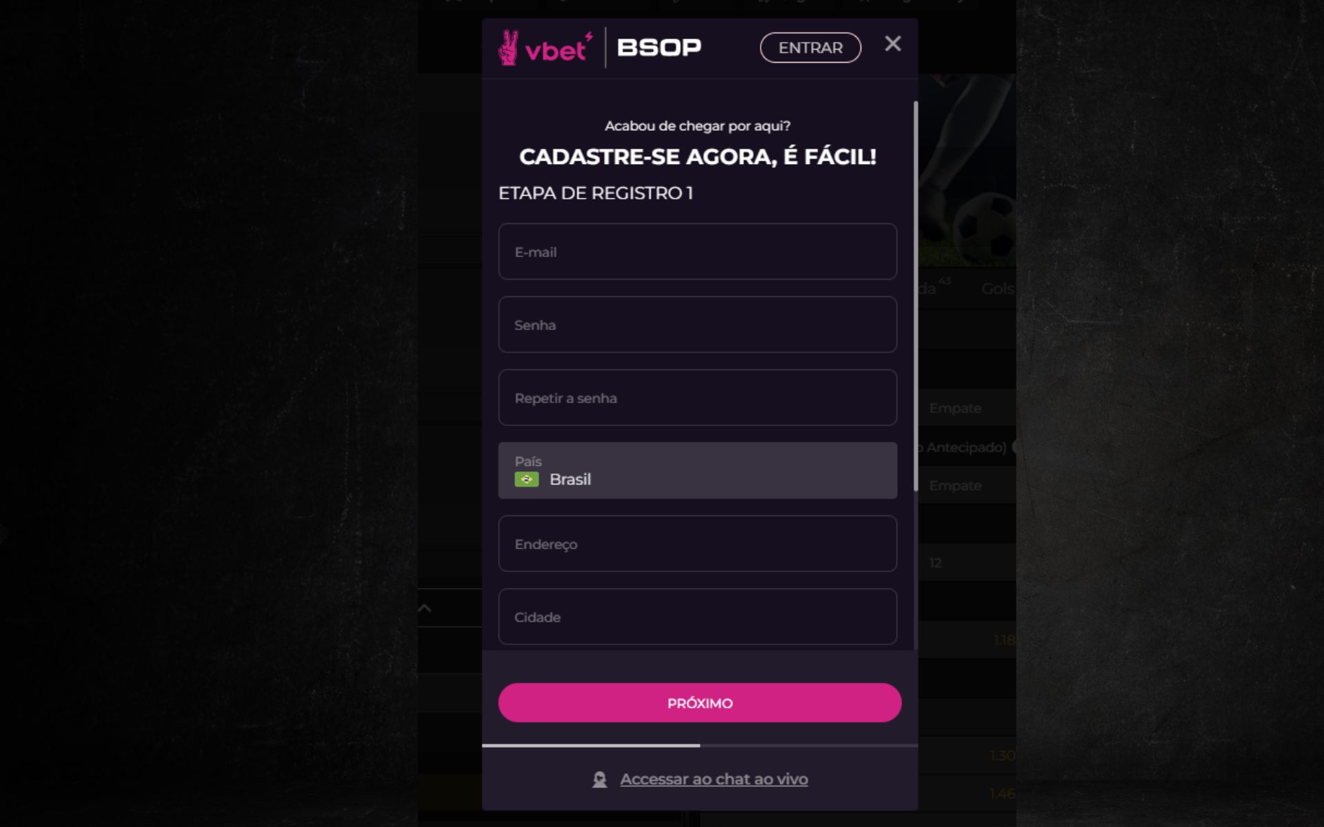 formulário de cadastro VBet