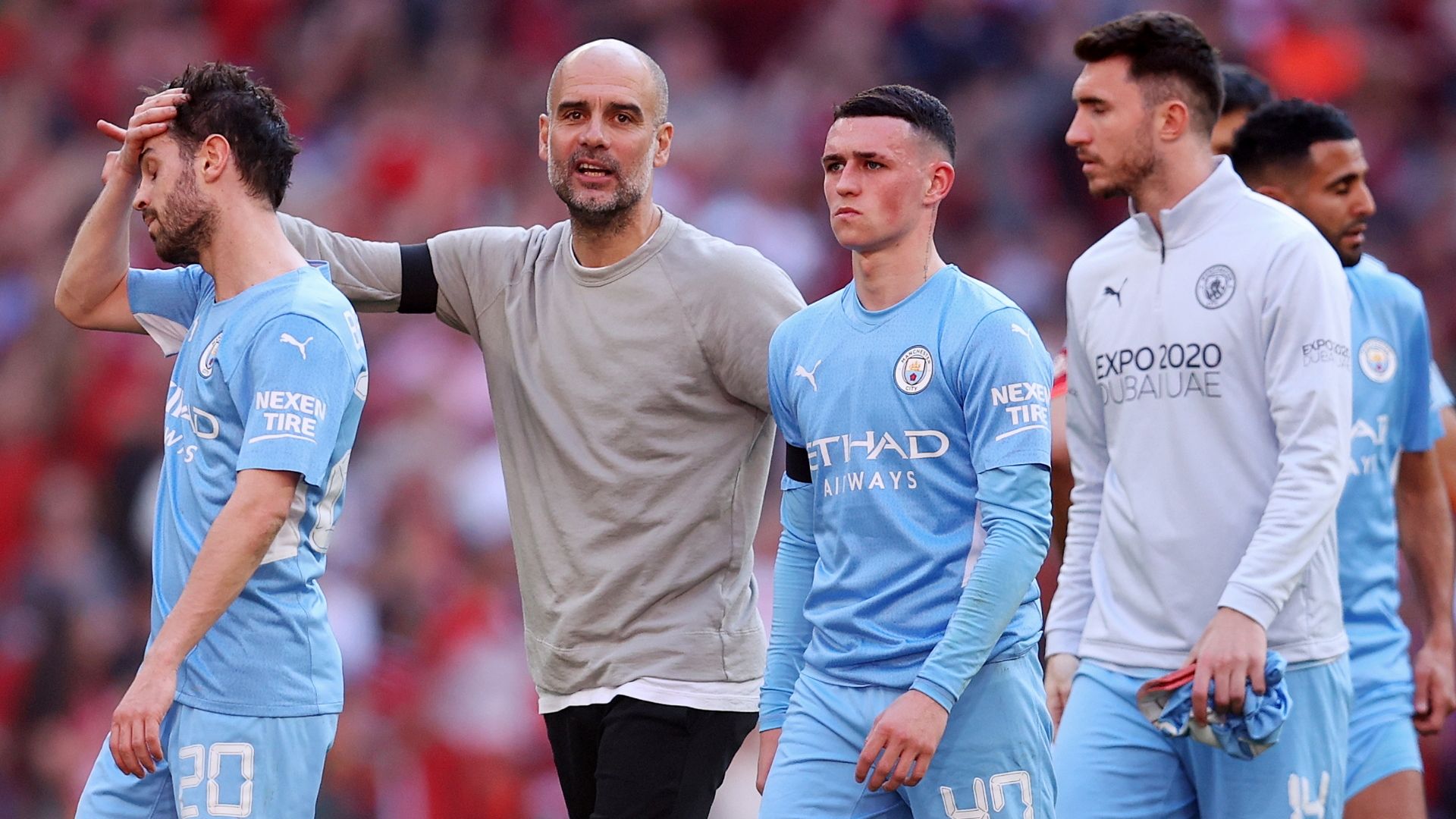 Bernardo Silva, Pep Guardiola, Phil Foden, Aymeric Laporte, Man City vs Liverpool, FA Cup 2021-22