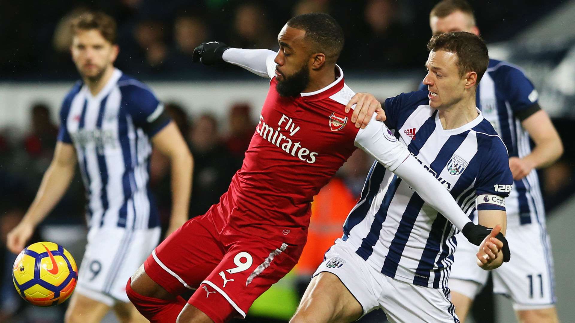 Alexandre Lacazette Arsenal Jonny Evans West Bromwich Albion