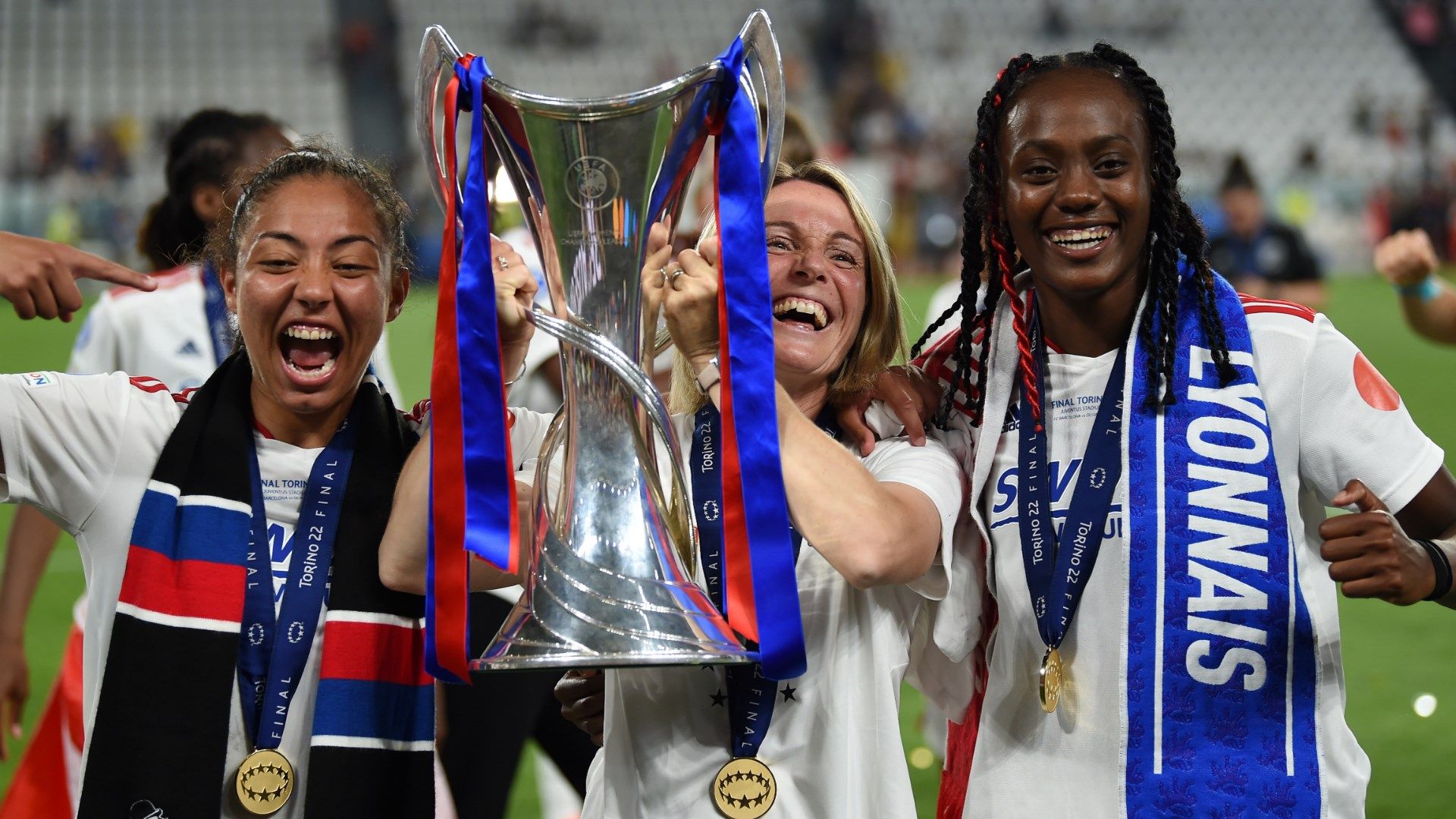 Selma Bacha Sonia Bompastor Melvine Malard UWCL trophy 2022