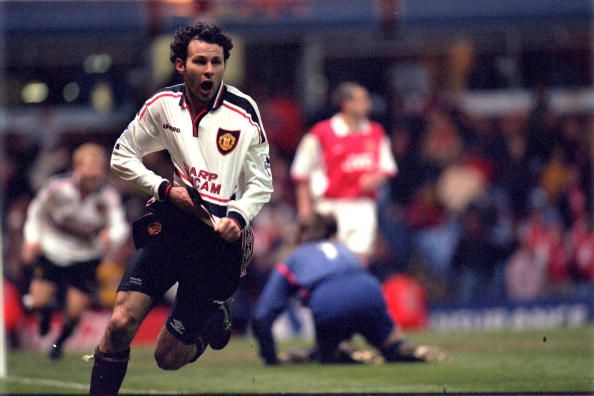 Giggs celebrates at Manchester United v Arsenal, FA Cup 1999